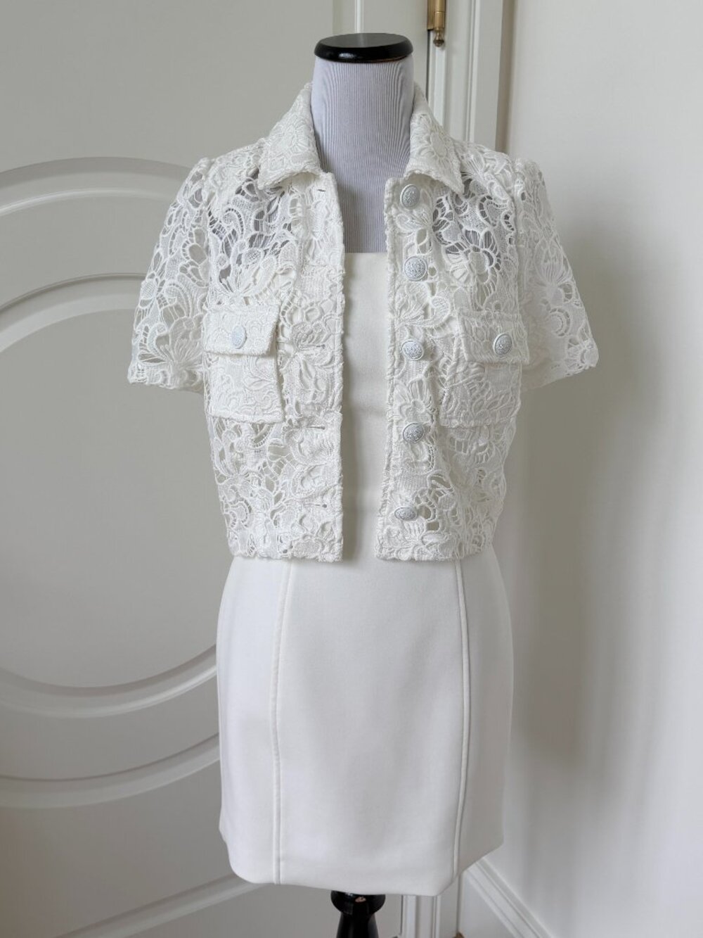 NWT White House Black Market Short Sleeve Lace Jacket + Strapless Mini Dress